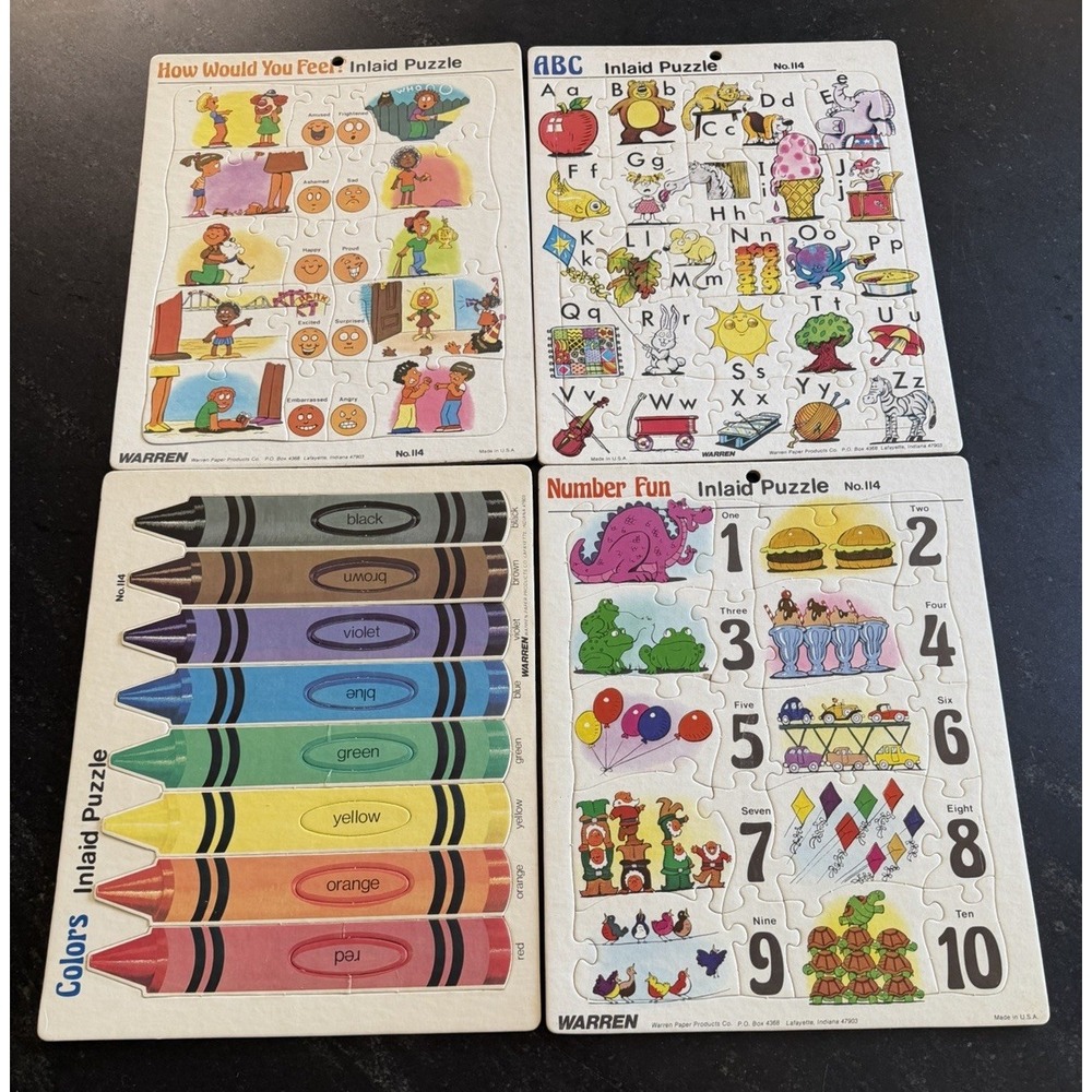 Vintage Warren No 114 Inlaid Puzzle Lot of 4 ABC Numbers Colors Feelings USA